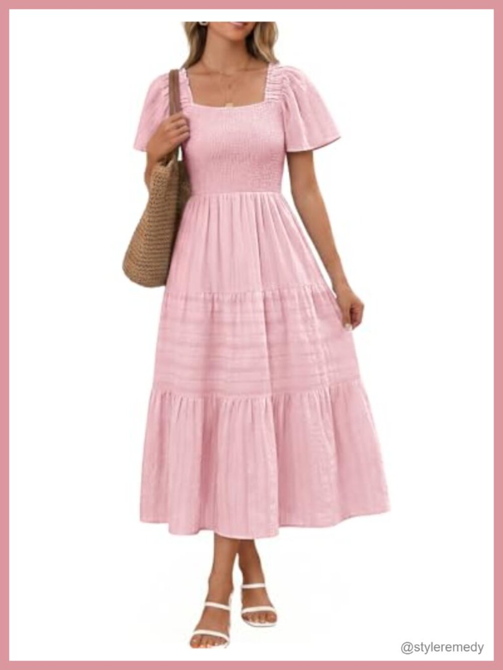 Women Summer Midi Smocked Boho Dress with Pockets Flutter Sleeve